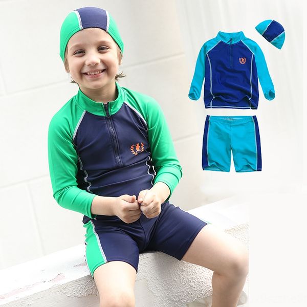 

children's large size baby's long sleeve sunscreen split swim boy's diving surfing suit three-piece set swimsuit, Black