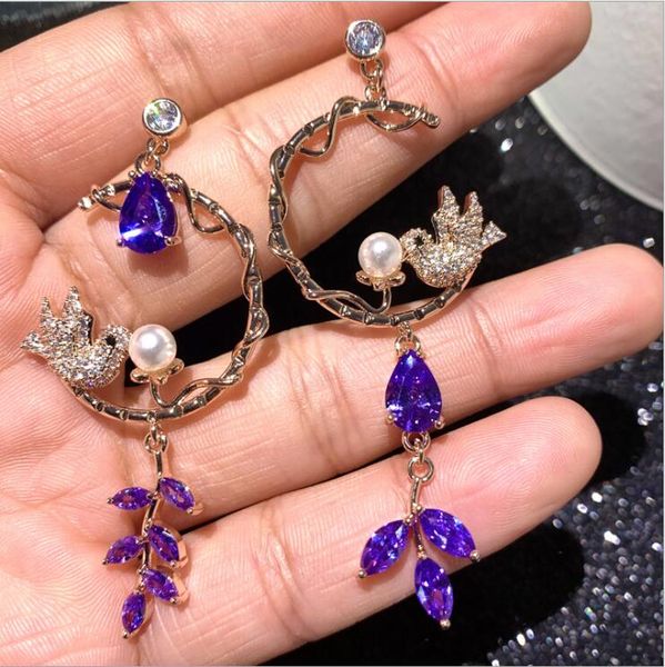 

s925 silver needle light fashion romantic wisteria flower pearl bird earrings micro inlaid zircon earrings