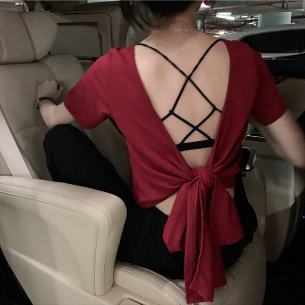 

2020 ~ slim and backless short-sleeved with straps vest 2020 ~ slim and backless short-sleeved t-shirt with straps t-shirt vest, White