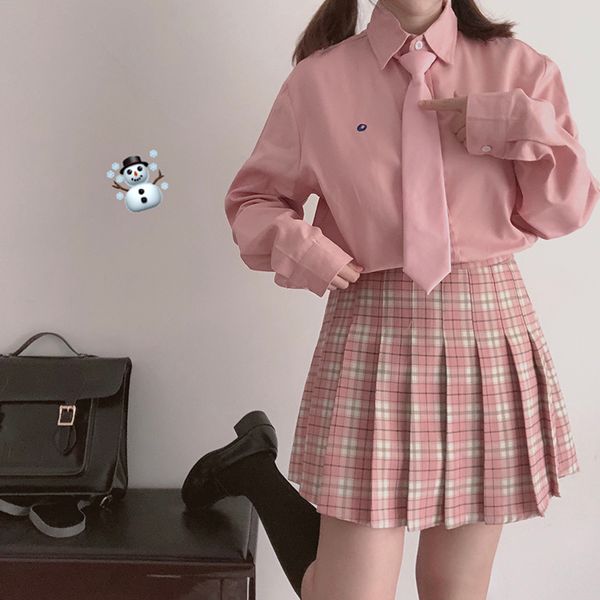 

japanese women jk uniform loose pink blouse student teen girls sweet autumn stand collar long sleeve shirt college style, White