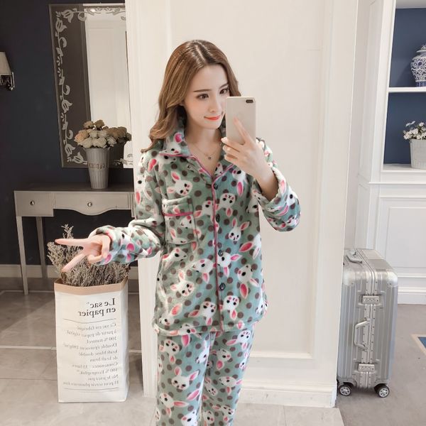 

women's pajama set coral velvet thick warm two-piece suits 2018 autumn female sleepwear cute long sleeve pyjama sets homewear, Blue;gray