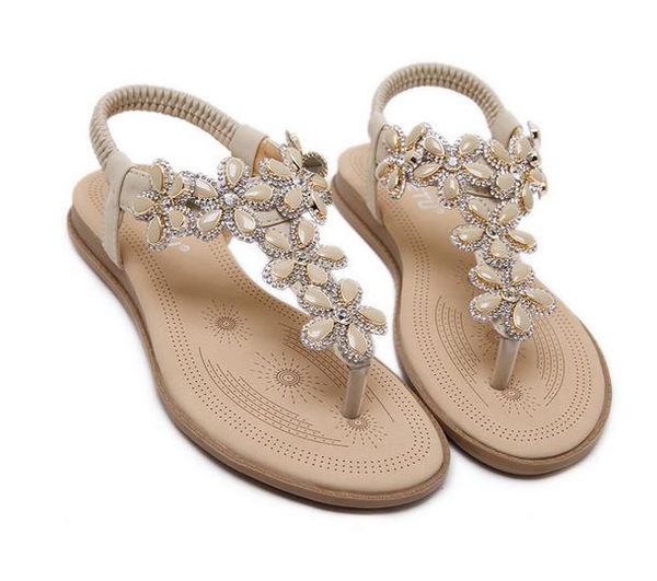 Venda quente-Novo bohemian T strap flor de cristal sandálias flat flip flop mulheres sandálias de praia plus size 35 a 40 41