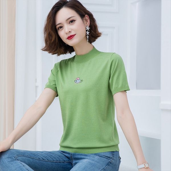 

short-sleeved t-shirt 2020 summer clothes embroidered knitted ice silk women's short-sleeved t-shirt women's 2020 summer clothes e, White