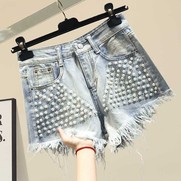 

denim pants for women ripped jean shorts handmade beading tassels slim fit denim shorts lady's 2020 summer pants, Blue
