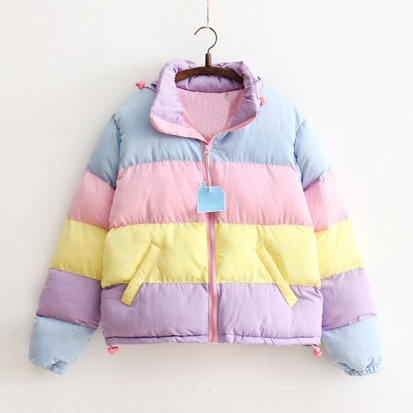 

women coat oversize harajuku parkas short padded casual warm jacket striped winter clothing rainbow stripe splicing fluffy parka, Black