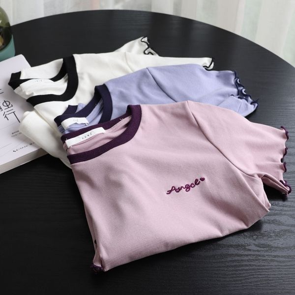 

plain paper good fabric short curled embroidery short-sleeved all-match jacket plain paper good fabric t-shirt short curled embroidery short, White