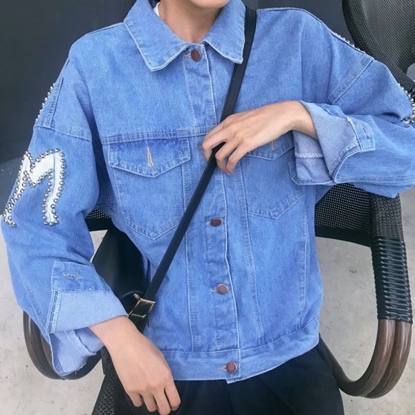 

spring and autumn letters beaded denim jacket women bat sleeve loose jeans jackets female coat streetwear, Black;brown