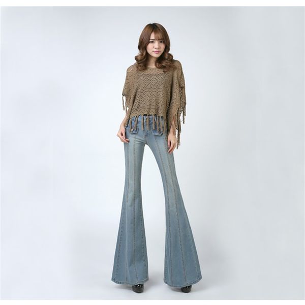 

new flared jeans women runway flare retro style bell bottom skinny jeans female wide leg women denim pants casual trousers, Blue