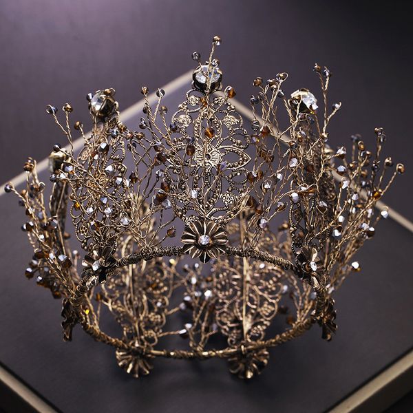 

bride retro black crystal crown queen round crown brides wedding jewelry hair accessories, Golden;white
