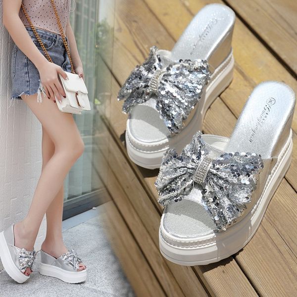 

house slippers platform high-heeled shoes lady slides shose women loafers pantofle on a wedge soft heels 2020, Black