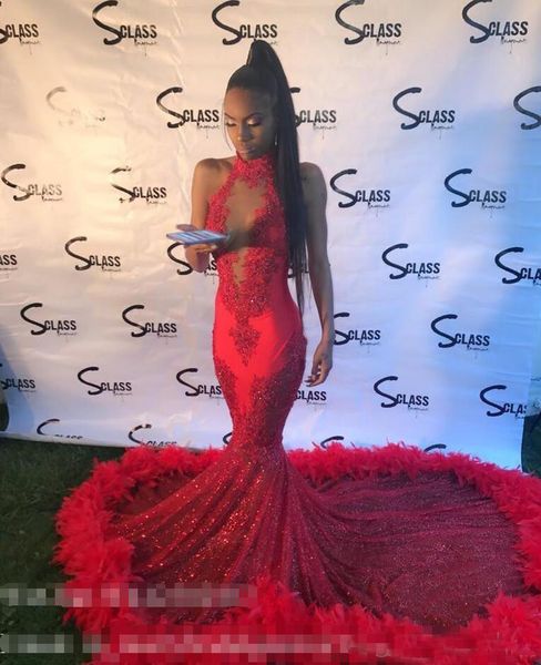 

2019 Sexy Black Girls Red Feather Prom Dresses Mermaid Backless Keyhole Neck Lace Plus Size African Arabic Formal Evening Party Gowns