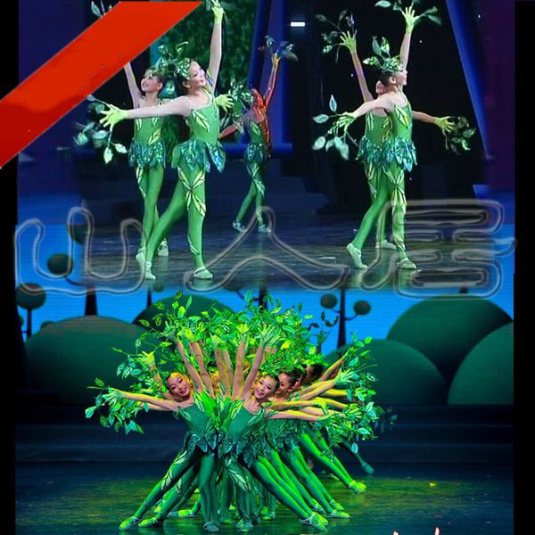 

small tree children's dance costume tree sapling stage performance costumes girls green skirt, Black;red