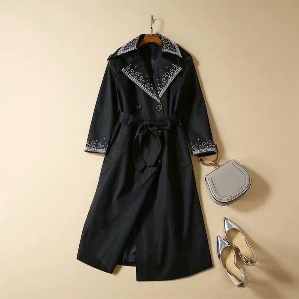 

new european and american women's winter clothing 2019 embroidered lapels with long sleeves fashion double breasted trench coat, Tan;black