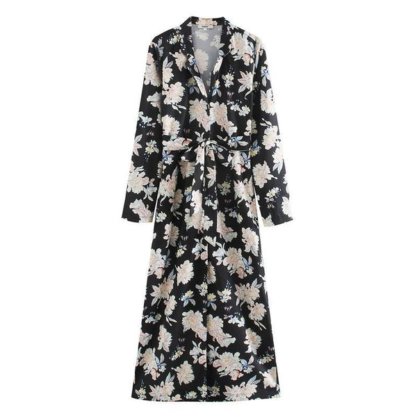 

fashion brand casual summer dress print 2020 z new full v-neck natural loose polyester ankle-length, Black;gray