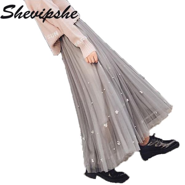 

long skirt floor length faldas high waist skirts women pearls swing maxi skirts saias longa femininas tutu tulle skirt jupe, Black