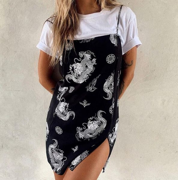 

new dragon print high waist camisole dress, Black;gray
