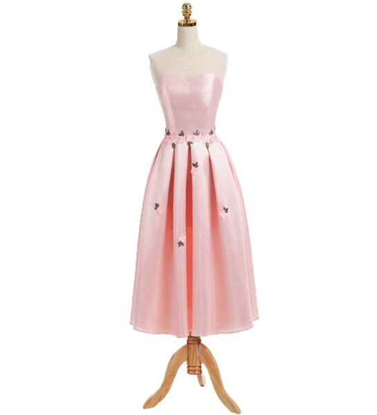 

Romantic Baby Pink Prom Dresses A Line Satin Formal Evening Party Ball Gowns Tea Length Juniors Graduation Dress With Flowers