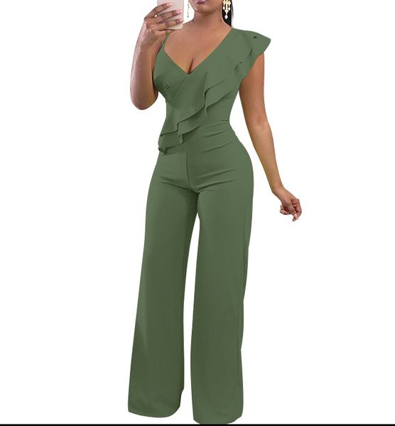 

elegant ruffle v neck women jumpsuit long pants solid rompers women's sleeveless high waist lady overall green wine red, Black;white