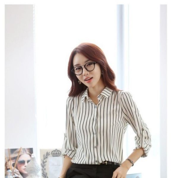 

new summer striped women's shirts v-neck button blouse long sleeve blusas work shirts women office blouse for business, White
