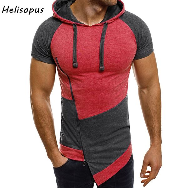 

helisopus men's patchwork hoodies irregular style zipper hip hop hooded summer short sleeve slim sweatshirt for men euro size, Black