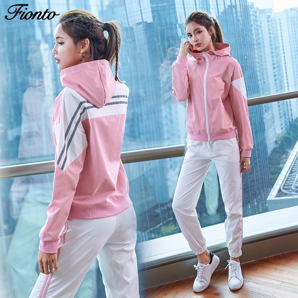 

women's sports suit 2pcs/sets hit the color stitching loose coat female sportswear gym fitness sport sets tracksuit for women, Black;blue