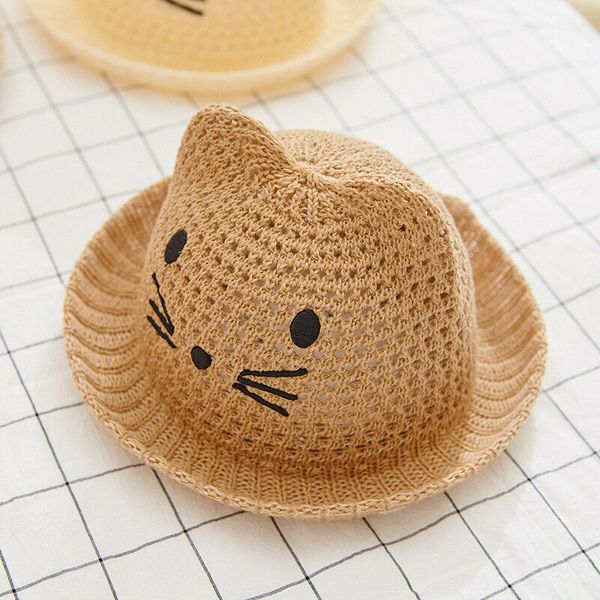 

2019 Fashion Beach Sun Hats For Kids Children Lovely Wide Brim Cartoon Cat Ear Straw Hat Boys Girls Summer Cap Sombrero One Size