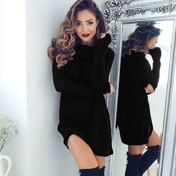 

meihuida autumn winter women fashion turtleneck long sleeve front split warm long knit sweater pullover basic solid, White;black