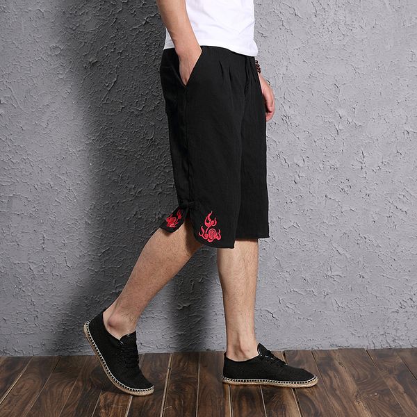

mixcubic 2019 summer england style unique fire embroidery linen shorts men casual loose embroidery linen shorts size m-xxxl, White;black