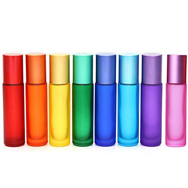 

empty 10ml essential oils refillable glass bottle with stainless steel roller balls,cosmetic aromatherapy perfume rainbow color for gifts