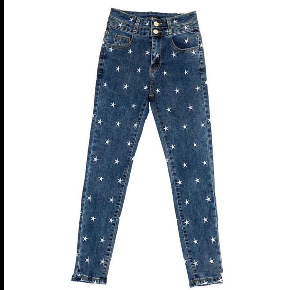 

women's jeans korean-style heavy industry embroidered high waist spring and autumn 2021 star pencil pant, Blue