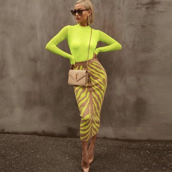 

ocstrade new arrival 2020 fashion long bandage skirt women lime zebra print bodycon bandage skirt midi club party, Black