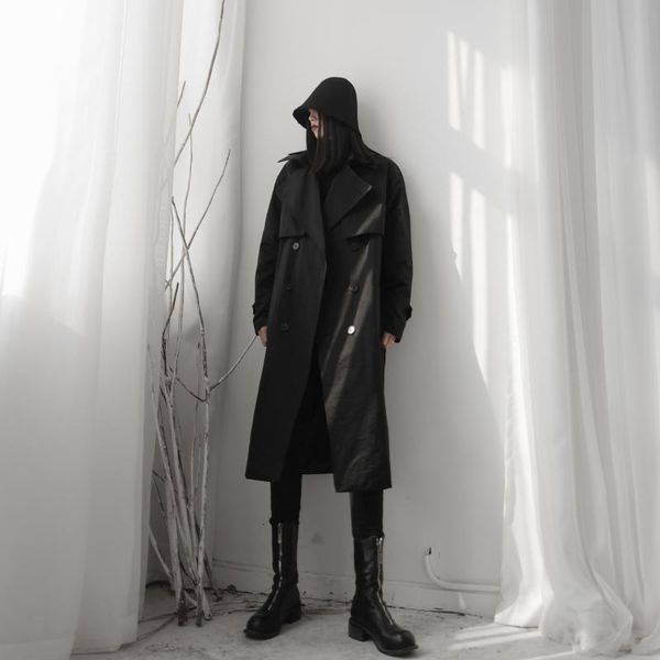 

женщины длинные пальто большой отворотом свободный свободный черный двойной брестед куртка верхняя одежда женский япония streetwear пояс вет, Tan;black