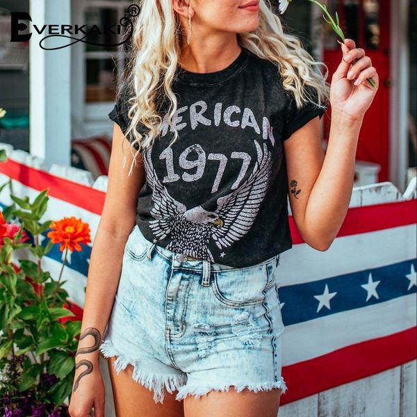 

women's t-shirt everkaki cotton 1977 vintage t shirt women eagle pattern casual tees& retro punk boho tee femme summer 2021, White