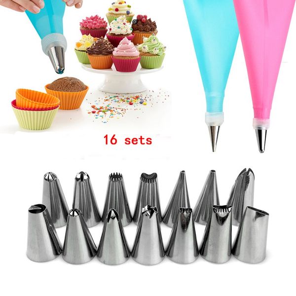 

16 pcs silicone icing piping cream pastry bag stainless steel converter cookie assortment flower decoration diy cake bake-ware