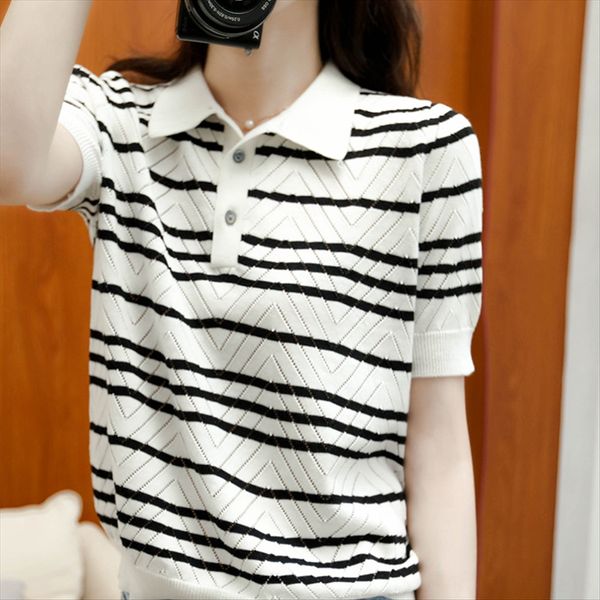 

2020 summer casual polo collar hollow striped short sleeve cotton knitted shorts and shorts t-shirt women's short, White