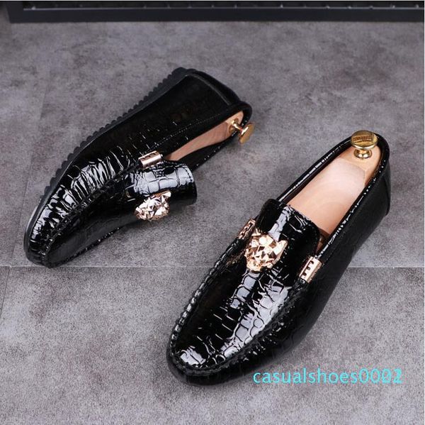 

new 2019 luxury genuine leather men's wedding shoes metal tiger men's banquet party dress loafers 38-43 c01 c22, Black