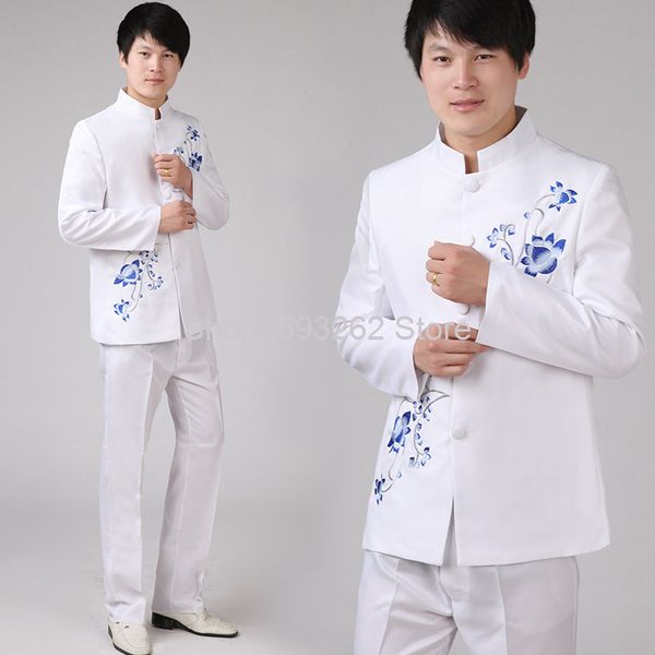 

men's suits & blazers men white blue and porcelain stand collar chinese tunic suit chorus performance clothing host singer mc, White;black