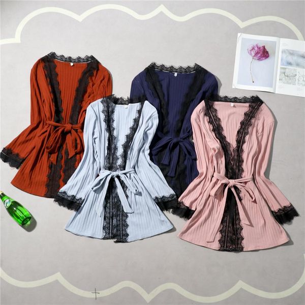 

casual pink womens 3pcs sleep pants suit robe bath gown sleepwear sets pajamas spring autumn home wear nightwear -xl, Black;red