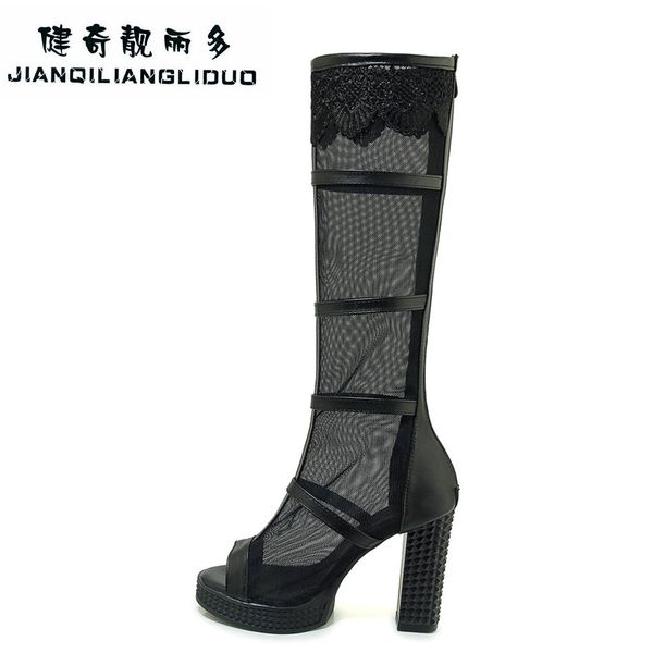 

black white summer boots for women open toe square heel high heels knee high boots