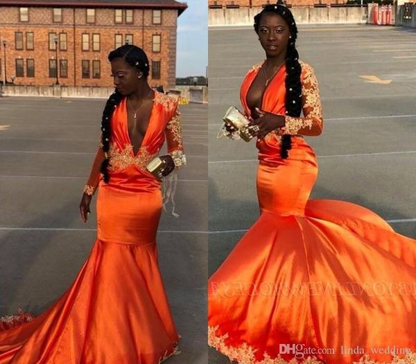 Meninas sul-africanas negras vestidos de baile glamourosa cor laranja profundo decote em v feriados graduação desgaste da noite vestidos de festa custom made plus size
