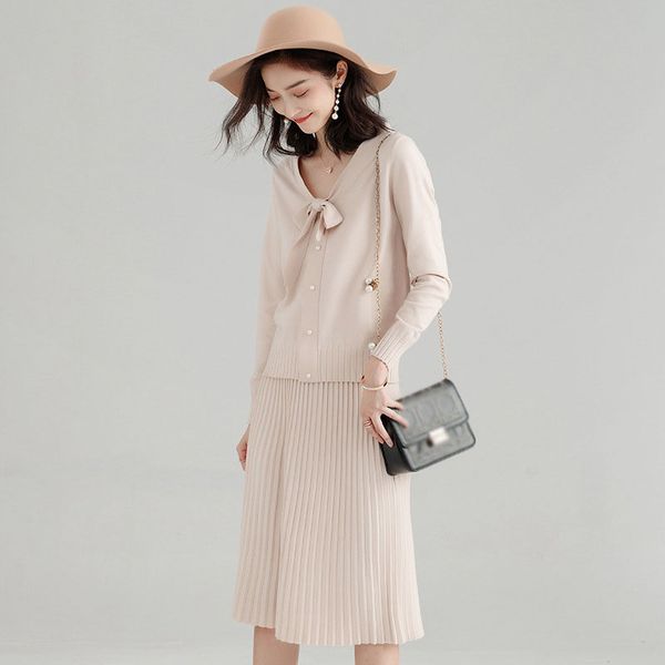 

2019 spring womans sweater + skirt sets solid color female casual two-pieces suits loose bow sweater knit long skirt winter, White
