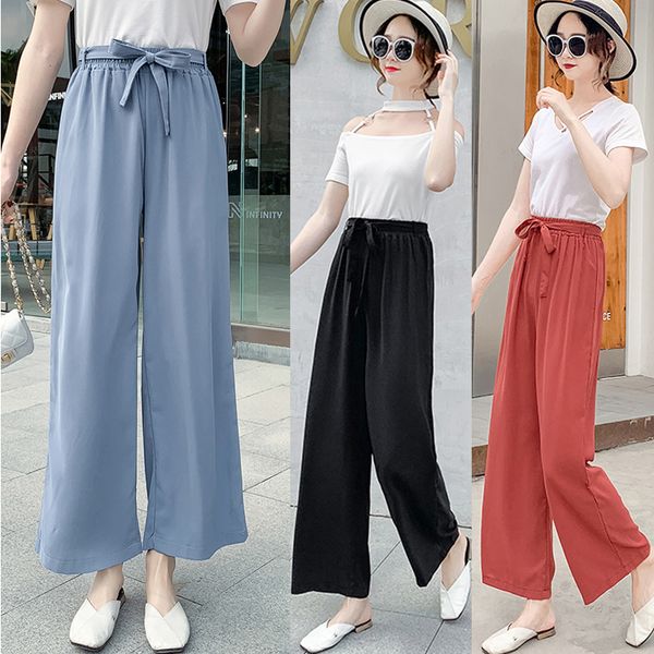 

korean new high waist chiffon modal wide-legged pants for women solid color loose trousers straight pants hh044, Black;white
