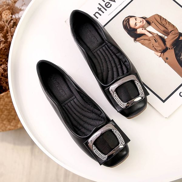 

2020 new shallow mouth flat shoes for women square head casual boat shoes, Black