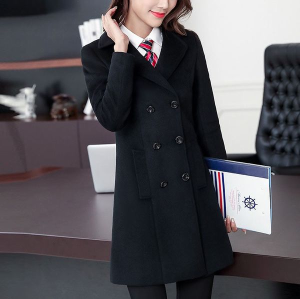 

large size women professional wear medium and long jacket thick woolen cotton coat overcoatÂ abrigos mujer invierno, Black