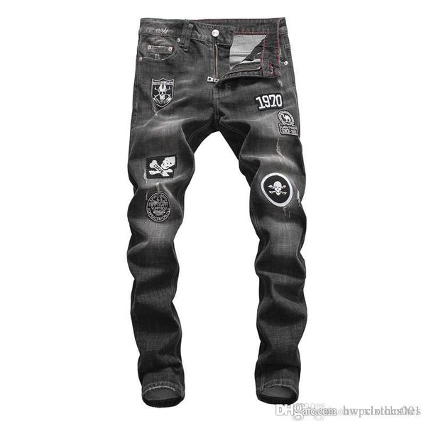 

tide бренд случайных мужчин джинсы диких мода отверстие высокого качество мужской прострочки череп роскошных мужские дизайнерские джинсы муж, Blue