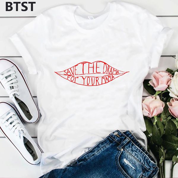 

save the drama for your mama graphic tees women cotton t shirt korean aesthetic plus size kawaii streetwear harajuku tshirt, White