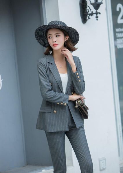 

women's suit 2019 autumn new casual fashion temperament stripe single-breasted suit women's pants two-piece, White;black
