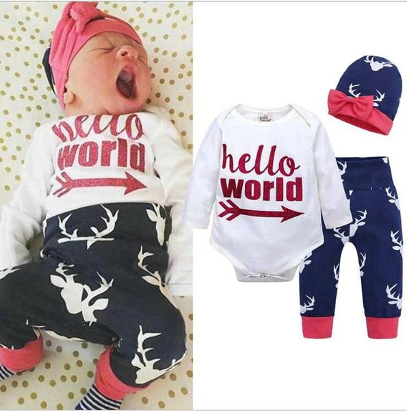 

christmas newborn baby boys girls clothes printed deer rompers + pant + hat 3pcs outfits set cute cartoon baby clothing sets 0-24m, White