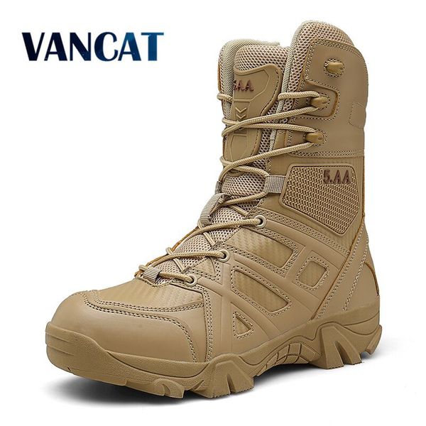 

vancat men brand leather boots special force tactical desert combat men's boots outdoor shoes ankle, Black