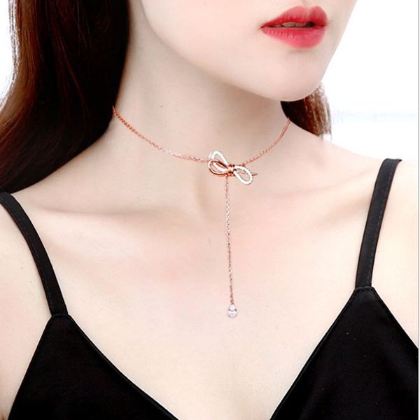 

korean fashion water drop necklaces & pendants rose gold color bowknot short necklace statement choker necklace women bijoux, Silver